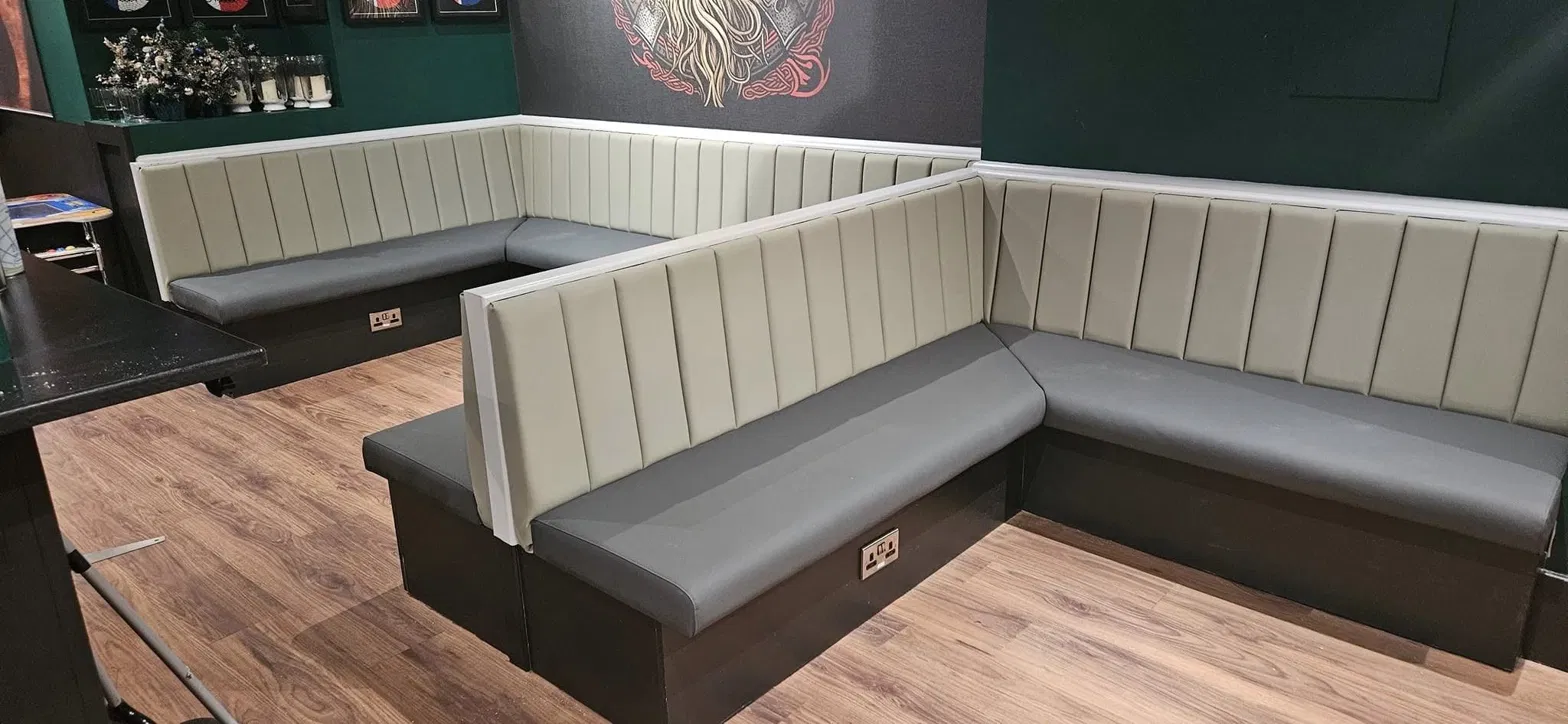 Grey and cream channel-stitched corner banquette