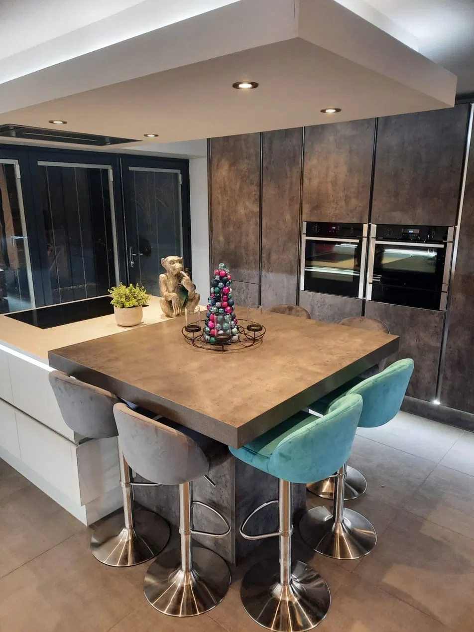 Kitchen island with upholstered bar stools